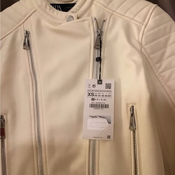 Zara faux leather beige quilted biker cropped jacket - Picture 2 of 2